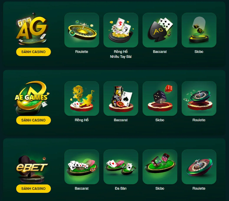 Các sảnh chơi hấp dẫn tại nhà cái