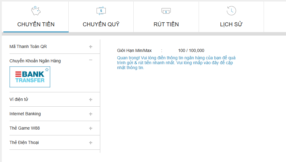 Nạp tiền w88 qua ngân hàng trực tuyến